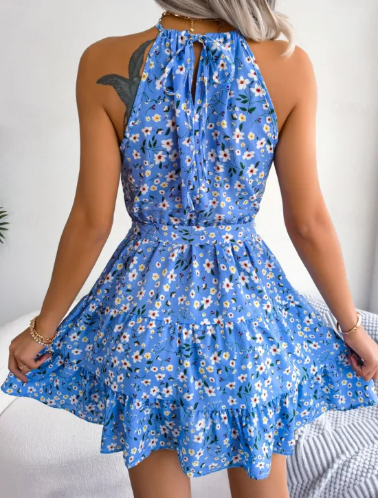 New Women's Mini Dress Casual Dress Swing Dress Summer Dress Streetwear Vacation Holiday Beach Regular Fit Floral Sleeveless Halter Neck Pink Blue Purple Summer Women Spring Dresses