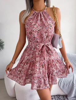 New Women's Mini Dress Casual Dress Swing Dress Summer Dress Streetwear Vacation Holiday Beach Regular Fit Floral Sleeveless Halter Neck Pink Blue Purple Summer Women Spring Dresses