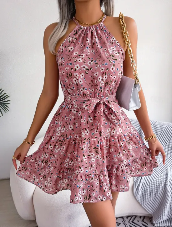 New Women's Mini Dress Casual Dress Swing Dress Summer Dress Streetwear Vacation Holiday Beach Regular Fit Floral Sleeveless Halter Neck Pink Blue Purple Summer Women Spring Dresses