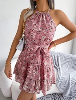 New Women's Mini Dress Casual Dress Swing Dress Summer Dress Streetwear Vacation Holiday Beach Regular Fit Floral Sleeveless Halter Neck Pink Blue Purple Summer Women Spring Dresses