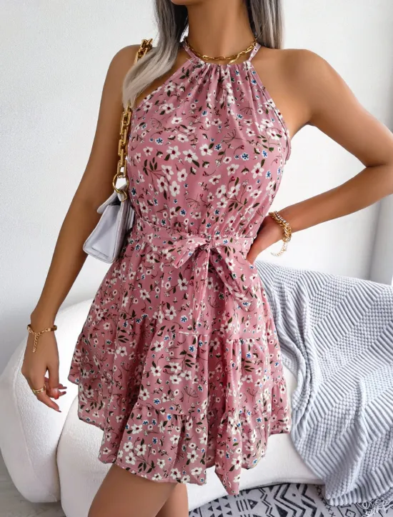 New Women's Mini Dress Casual Dress Swing Dress Summer Dress Streetwear Vacation Holiday Beach Regular Fit Floral Sleeveless Halter Neck Pink Blue Purple Summer Women Spring Dresses