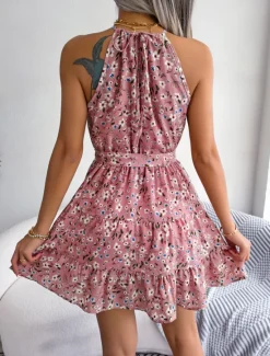 New Women's Mini Dress Casual Dress Swing Dress Summer Dress Streetwear Vacation Holiday Beach Regular Fit Floral Sleeveless Halter Neck Pink Blue Purple Summer Women Spring Dresses