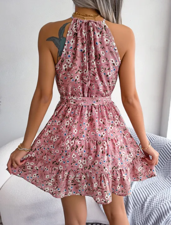 New Women's Mini Dress Casual Dress Swing Dress Summer Dress Streetwear Vacation Holiday Beach Regular Fit Floral Sleeveless Halter Neck Pink Blue Purple Summer Women Spring Dresses