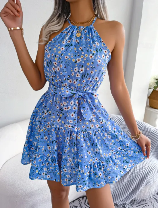 New Women's Mini Dress Casual Dress Swing Dress Summer Dress Streetwear Vacation Holiday Beach Regular Fit Floral Sleeveless Halter Neck Pink Blue Purple Summer Women Spring Dresses