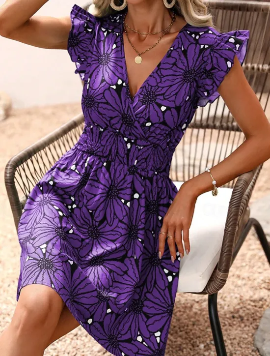 Discount Women's Mini Dress Casual Dress Summer Dress Print Dress Fashion Outdoor Holiday Date Regular Fit Floral Sleeveless V Neck Blue Purple Green Summer Spring Women Floral Dresses
