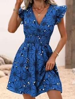 Discount Women's Mini Dress Casual Dress Summer Dress Print Dress Fashion Outdoor Holiday Date Regular Fit Floral Sleeveless V Neck Blue Purple Green Summer Spring Women Floral Dresses