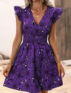 Discount Women's Mini Dress Casual Dress Summer Dress Print Dress Fashion Outdoor Holiday Date Regular Fit Floral Sleeveless V Neck Blue Purple Green Summer Spring Women Floral Dresses