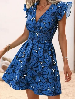 Discount Women's Mini Dress Casual Dress Summer Dress Print Dress Fashion Outdoor Holiday Date Regular Fit Floral Sleeveless V Neck Blue Purple Green Summer Spring Women Floral Dresses