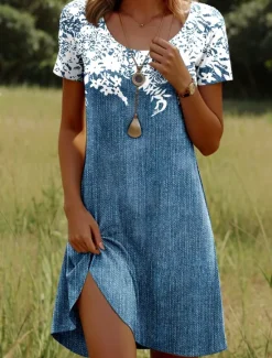 Hot Women's Mini Dress Casual Dress T Shirt Dress Tee Dress Sundress A Line Dress Stylish Casual Beach Regular Fit Floral Graphic Leaf Short Sleeve Crew Neck Scoop Neck Blue Ink Blue Light Blue Summer Women T Shirt Dresses