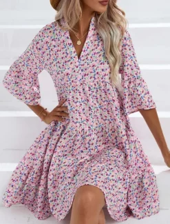 Discount Women's Mini Dress Casual Dress Stylish Casual Vacation Daily Regular Fit Floral Geometric 3/4 Length Sleeve Notched Neck Summer Women Spring Dresses