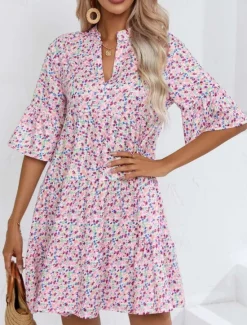 Discount Women's Mini Dress Casual Dress Stylish Casual Vacation Daily Regular Fit Floral Geometric 3/4 Length Sleeve Notched Neck Summer Women Spring Dresses