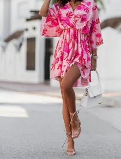 Best Women's Mini Dress Casual Dress Summer Dress Print Dress Fashion Outdoor Holiday Date Regular Fit Floral Long Sleeve V Neck Pink Purple Orange Summer Spring Women Floral Dresses