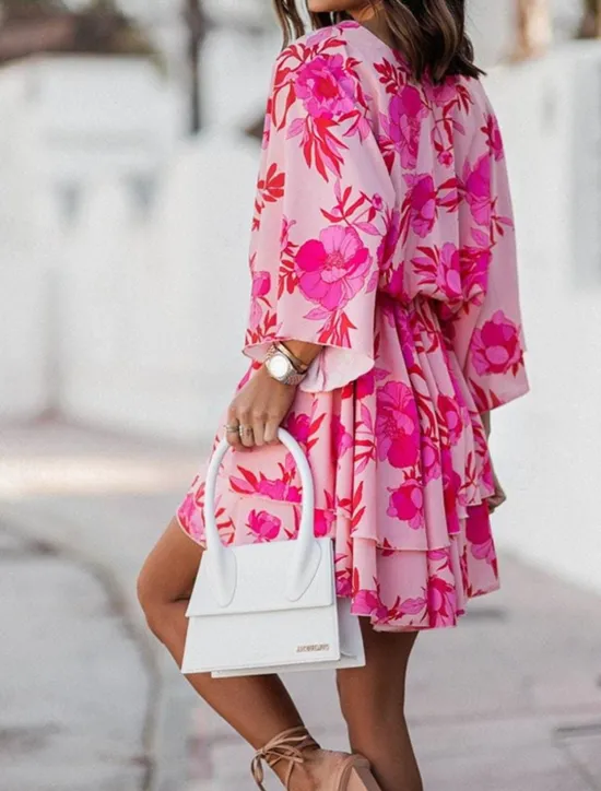 Best Women's Mini Dress Casual Dress Summer Dress Print Dress Fashion Outdoor Holiday Date Regular Fit Floral Long Sleeve V Neck Pink Purple Orange Summer Spring Women Floral Dresses