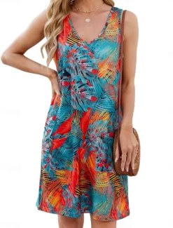 Women's Mini Dress Casual Dress Tank Dress Stylish Casual Vacation Daily Regular Fit Floral Leaf Sleeveless V Neck White Yellow Blue Green Summer Women Sundresses