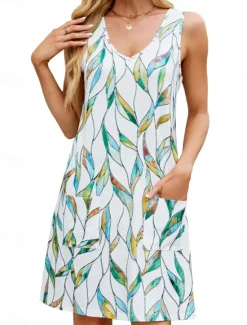 Women's Mini Dress Casual Dress Tank Dress Stylish Casual Vacation Daily Regular Fit Floral Leaf Sleeveless V Neck White Yellow Blue Green Summer Women Sundresses