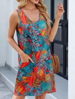 Women's Mini Dress Casual Dress Tank Dress Stylish Casual Vacation Daily Regular Fit Floral Leaf Sleeveless V Neck White Yellow Blue Green Summer Women Sundresses