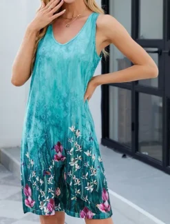 Women's Mini Dress Casual Dress Tank Dress Stylish Casual Vacation Daily Regular Fit Floral Leaf Sleeveless V Neck White Yellow Blue Green Summer Women Sundresses