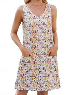 Women's Mini Dress Casual Dress Tank Dress Stylish Casual Vacation Daily Regular Fit Floral Leaf Sleeveless V Neck White Yellow Blue Green Summer Women Sundresses