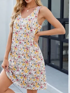 Women's Mini Dress Casual Dress Tank Dress Stylish Casual Vacation Daily Regular Fit Floral Leaf Sleeveless V Neck White Yellow Blue Green Summer Women Sundresses