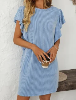 Women's Mini Dress Casual Dress Mini Dress Petite Dress A Line Dress Basic Birthday Vacation Work Casual Loose Fit Stripe Gingham Short Sleeve Crew Neck Pink Sky Blue Green Khaki Summer Spring Women T Shirt Dresses