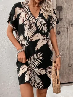 New Women's Mini Dress Casual Dress T Shirt Dress Tee Dress Stylish Casual Vacation Daily Regular Fit Leaf Short Sleeve V Neck Summer Women T Shirt Dresses