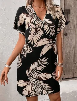 New Women's Mini Dress Casual Dress T Shirt Dress Tee Dress Stylish Casual Vacation Daily Regular Fit Leaf Short Sleeve V Neck Summer Women T Shirt Dresses
