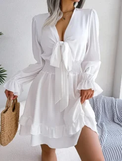 Sale Women's Mini Dress Casual Dress A Line Dress Elegant Cute Stylish Vacation Party Daily Regular Fit Plain Long Sleeve V Neck White Pink Blue Spring Fall Women White Dresses