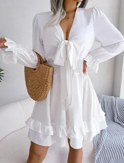 Sale Women's Mini Dress Casual Dress A Line Dress Elegant Cute Stylish Vacation Party Daily Regular Fit Plain Long Sleeve V Neck White Pink Blue Spring Fall Women White Dresses