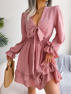Sale Women's Mini Dress Casual Dress A Line Dress Elegant Cute Stylish Vacation Party Daily Regular Fit Plain Long Sleeve V Neck White Pink Blue Spring Fall Women White Dresses