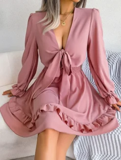 Sale Women's Mini Dress Casual Dress A Line Dress Elegant Cute Stylish Vacation Party Daily Regular Fit Plain Long Sleeve V Neck White Pink Blue Spring Fall Women White Dresses
