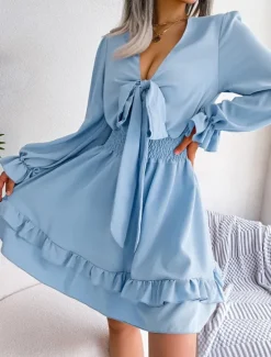 Sale Women's Mini Dress Casual Dress A Line Dress Elegant Cute Stylish Vacation Party Daily Regular Fit Plain Long Sleeve V Neck White Pink Blue Spring Fall Women White Dresses