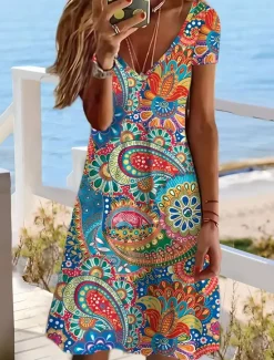 Women's Mini Dress Casual Dress Ethnic Dress Sheath Dress Mini Dress Petite Dress Vacation Fashion Classic Vacation Birthday Casual Regular Fit Floral Paisley Short Sleeve V Neck Deep V Red Dusty Women Spring Dresses|T Shirt Dresses