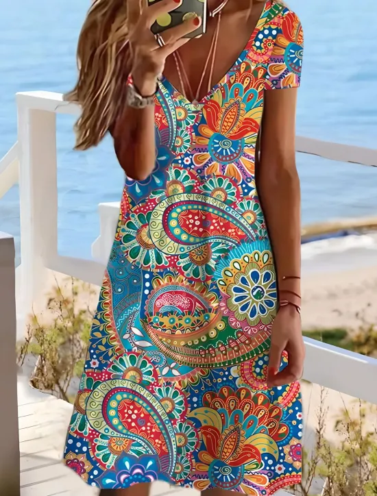 Women's Mini Dress Casual Dress Ethnic Dress Sheath Dress Mini Dress Petite Dress Vacation Fashion Classic Vacation Birthday Casual Regular Fit Floral Paisley Short Sleeve V Neck Deep V Red Dusty Women Spring Dresses|T Shirt Dresses