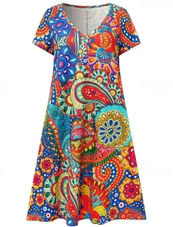 Women's Mini Dress Casual Dress Ethnic Dress Sheath Dress Mini Dress Petite Dress Vacation Fashion Classic Vacation Birthday Casual Regular Fit Floral Paisley Short Sleeve V Neck Deep V Red Dusty Women Spring Dresses|T Shirt Dresses