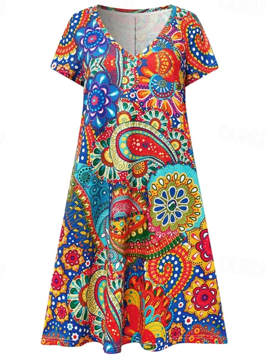 Women's Mini Dress Casual Dress Ethnic Dress Sheath Dress Mini Dress Petite Dress Vacation Fashion Classic Vacation Birthday Casual Regular Fit Floral Paisley Short Sleeve V Neck Deep V Red Dusty Women Spring Dresses|T Shirt Dresses