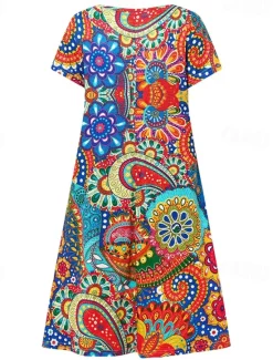 Women's Mini Dress Casual Dress Ethnic Dress Sheath Dress Mini Dress Petite Dress Vacation Fashion Classic Vacation Birthday Casual Regular Fit Floral Paisley Short Sleeve V Neck Deep V Red Dusty Women Spring Dresses|T Shirt Dresses