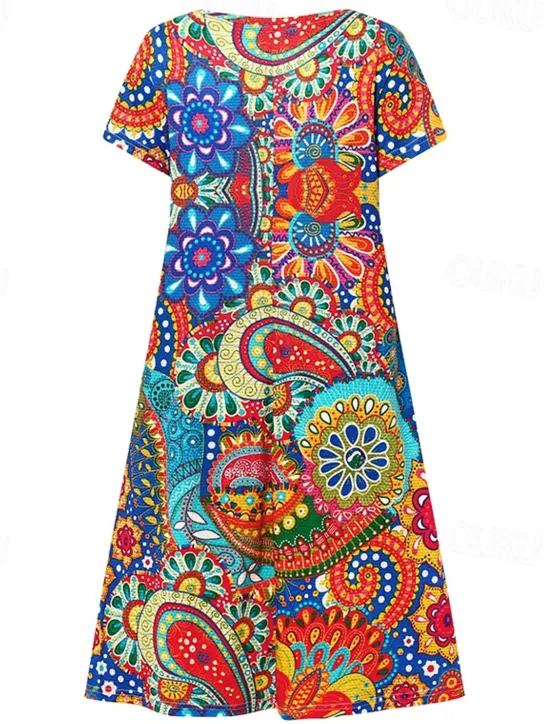 Women's Mini Dress Casual Dress Ethnic Dress Sheath Dress Mini Dress Petite Dress Vacation Fashion Classic Vacation Birthday Casual Regular Fit Floral Paisley Short Sleeve V Neck Deep V Red Dusty Women Spring Dresses|T Shirt Dresses