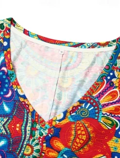 Women's Mini Dress Casual Dress Ethnic Dress Sheath Dress Mini Dress Petite Dress Vacation Fashion Classic Vacation Birthday Casual Regular Fit Floral Paisley Short Sleeve V Neck Deep V Red Dusty Women Spring Dresses|T Shirt Dresses