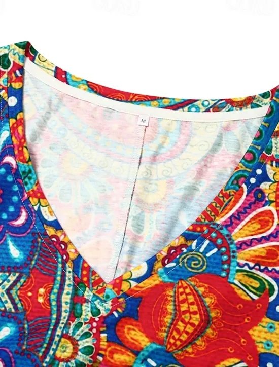 Women's Mini Dress Casual Dress Ethnic Dress Sheath Dress Mini Dress Petite Dress Vacation Fashion Classic Vacation Birthday Casual Regular Fit Floral Paisley Short Sleeve V Neck Deep V Red Dusty Women Spring Dresses|T Shirt Dresses