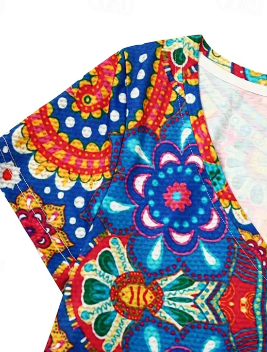 Women's Mini Dress Casual Dress Ethnic Dress Sheath Dress Mini Dress Petite Dress Vacation Fashion Classic Vacation Birthday Casual Regular Fit Floral Paisley Short Sleeve V Neck Deep V Red Dusty Women Spring Dresses|T Shirt Dresses