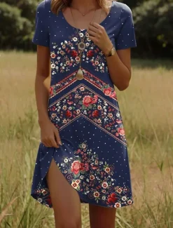 Online Women's Mini Dress Casual Dress Petite Dress T Shirt Dress Tee Dress Sundress Casual Vacation Casual Daily Regular Fit Floral Short Sleeve Crew Neck Black Red Navy Blue Green Summer Women Spring Dresses|T Shirt Dresses