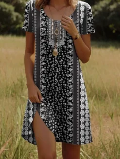 Online Women's Mini Dress Casual Dress Petite Dress T Shirt Dress Tee Dress Sundress Casual Vacation Casual Daily Regular Fit Floral Short Sleeve Crew Neck Black Red Navy Blue Green Summer Women Spring Dresses|T Shirt Dresses