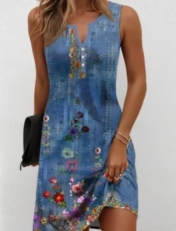 Hot Women's Mini Dress Casual Dress Petite Dress Sundress Summer Dress Casual Vacation Daily Holiday Regular Fit Floral Graphic Bohemian Sleeveless V Neck Red Blue Purple Green Summer Spring Women T Shirt Dresses