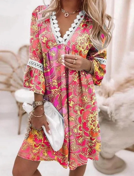 Online Women's Mini Dress Casual Dress Summer Dress Fashion Modern Vacation Daily Weekend Regular Fit Floral Graphic Color Gradient 3/4 Length Sleeve V Neck White Pink Wine Navy Blue Summer Women Floral Dresses