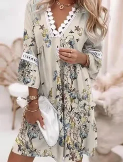 Online Women's Mini Dress Casual Dress Summer Dress Fashion Modern Vacation Daily Weekend Regular Fit Floral Graphic Color Gradient 3/4 Length Sleeve V Neck White Pink Wine Navy Blue Summer Women Floral Dresses