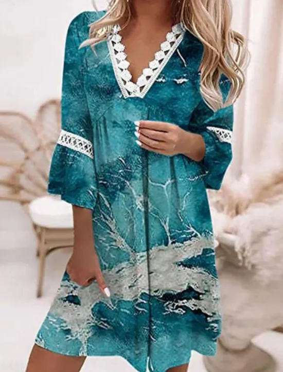 Online Women's Mini Dress Casual Dress Summer Dress Fashion Modern Vacation Daily Weekend Regular Fit Floral Graphic Color Gradient 3/4 Length Sleeve V Neck White Pink Wine Navy Blue Summer Women Floral Dresses