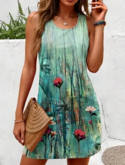 Women's Mini Dress Casual Dress Sundress A Line Dress Off The Shoulder Dress Vacation Casual Boho Party Holiday Regular Fit Ombre Floral Graphic Sleeveless U Neck Summer Women Vacation Dresses