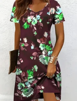 Best Women's Mini Dress Casual Dress T Shirt Dress Tee Dress Sundress A Line Dress Vacation Casual Boho Beach Regular Fit Floral Graphic Short Sleeve V Neck Red Blue Purple Brown Summer Spring Women Vacation Dresses