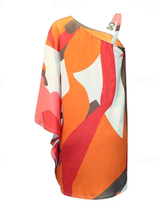 Outlet Women's Mini Dress Casual Dress Shift Dress Fashion Casual Outdoor Vacation Daily Loose Fit Floral Geometric Long Sleeve One Shoulder White Orange Summer Spring Women Cocktail Dress