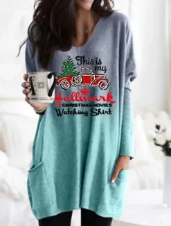 Hot Women's Mini Dress Casual Dress Shift Dress Casual Batwing Sleeve Christmas Festival Loose Fit Print Long Sleeve V Neck Blue Purple Orange Gray Fall Winter Women T Shirt Dresses